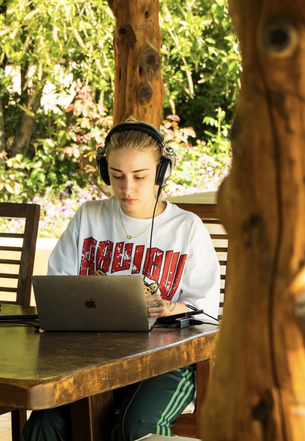 Working on music on the villa terrace
